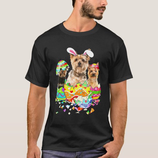 ヨークシャーテリアバニーハッピーイースター犬 Tシャツ (正面)