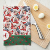 ヨークシャーテリアパターンモノグラムクリスマスドッグ キッチンタオル (四つ折り)
