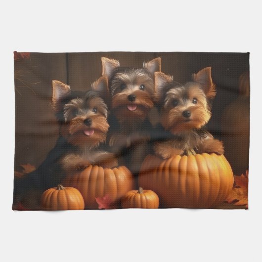 ヨークシャーテリアパピーオータムデライトカボチャ キッチンタオル (横)