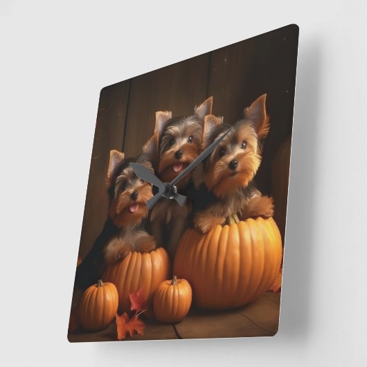 ヨークシャーテリアパピーオータムデライトカボチャ スクエア壁時計 (傾斜)