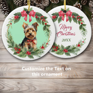 ヨークシャーテリアパピードグレッドボウホリーリース セラミックオーナメント