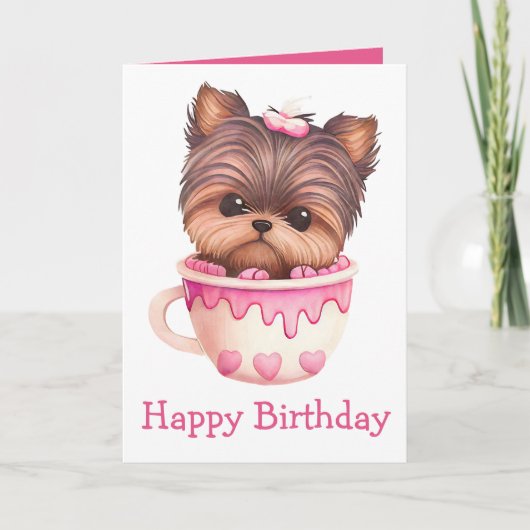 ヨークシャーテリアパピーピンクキュートヨークシャーテリア誕生日 カード (正面)