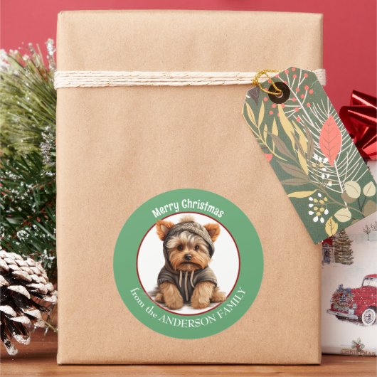 ヨークシャーテリアパピー冬のフード付きスウェットシャツクリスマス ラウンドシール (クリスマス)