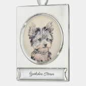 ヨークシャーテリアパピー絵画ズオリジナルドッグアート シルバープレートバナーオーナメント (左)