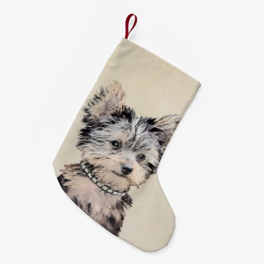 ヨークシャーテリアパピー絵画ズオリジナルドッグアート スモールクリスマスストッキング (正面 (吊り時))