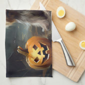 ヨークシャーテリアパンプキンズハロウィーン怖い キッチンタオル (四つ折り)