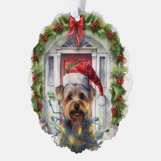 ヨークシャーテリアフロントドアクリスマス オーナメントカード (左)