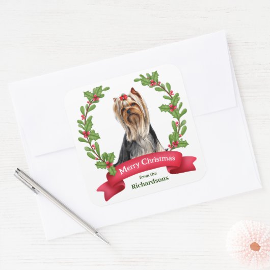ヨークシャーテリアホリーリースクリスマス スクエアシール (封筒)