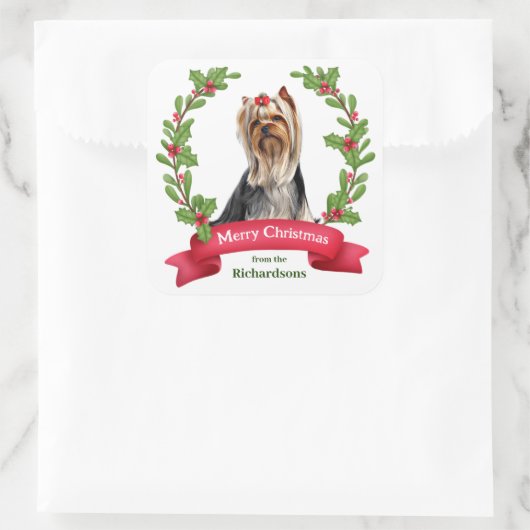 ヨークシャーテリアホリーリースクリスマス スクエアシール (バッグ)