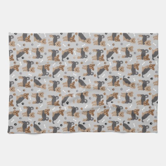 ヨークシャーテリアポーズアンドボーンズヨークシャーテリア犬 キッチンタオル (横)