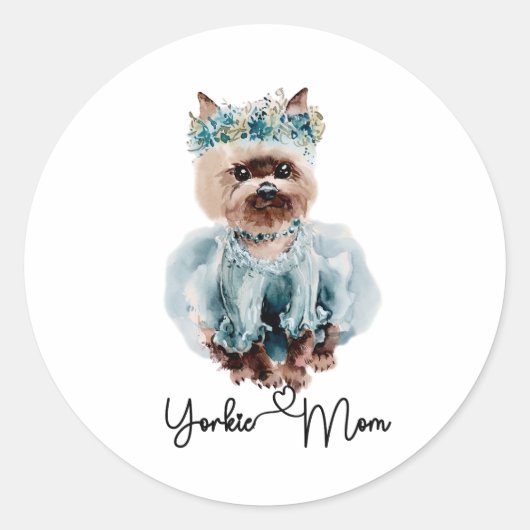 ヨークシャーテリアママかわいいヨークシャーテリアとブルードレスアート ラウンドシール (正面)