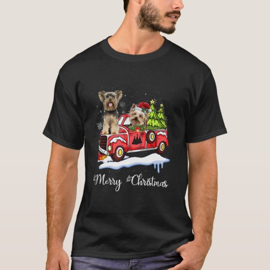 ヨークシャーテリアレッドトラッククリスマスに乗る Tシャツ (正面)