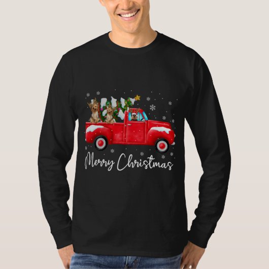 ヨークシャーテリアレッドトラッククリスマスサンタハットドッグクリスマス Tシャツ (正面)