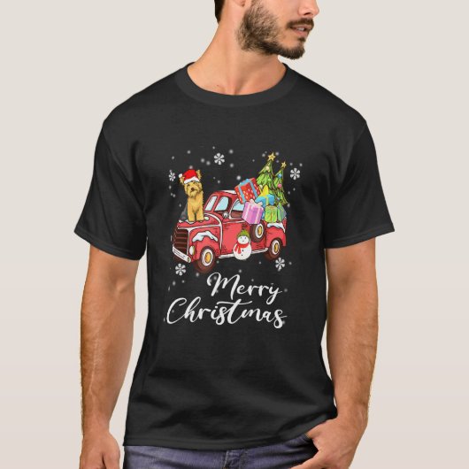 ヨークシャーテリアレッドトラックメリークリスマスに乗る Tシャツ (正面)