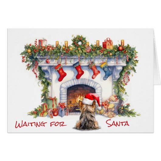 ヨークシャーテリア犬がサンタ・クリスマス暖炉を待つ (正面横)