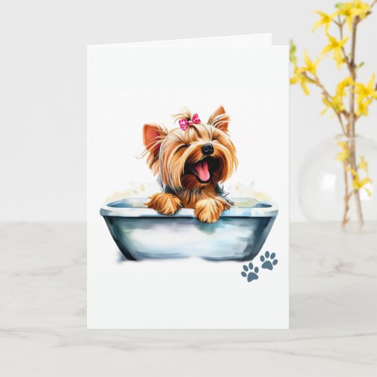 ヨークシャーテリア犬の折り返し挨拶 カード (黄色い花)