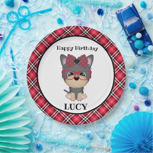 ヨークシャーテリア犬の赤い格子縞の誕生会のプレート ペーパープレート (パーティー)