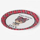 ヨークシャーテリア犬の赤い格子縞の誕生会のプレート ペーパープレート (アングル)