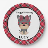 ヨークシャーテリア犬の赤い格子縞の誕生会のプレート ペーパープレート (正面)