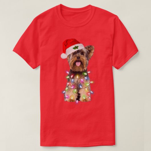 ヨークシャーテリア犬サンタクリスマスツリーライト Tシャツ (デザイン正面)