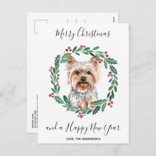 ヨークシャーテリア犬メリーエレガントクリスマス シーズンポストカード (正面/裏面)