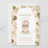 ヨークシャーテリア2かわいいバラ金ゴールドバルーンバースデーパーティー 招待状 (正面)