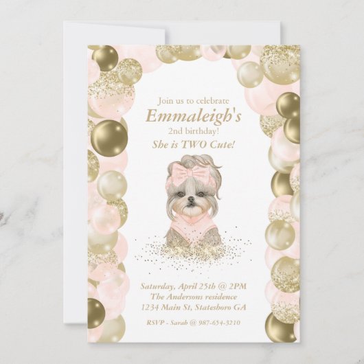 ヨークシャーテリア2かわいいバラ金ゴールドバルーンバースデーパーティー 招待状 (正面)