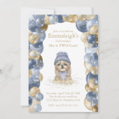 ヨークシャーテリア2キュートネイビーブルー金ゴールドバルーン誕生日 招待状 (正面)