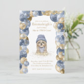 ヨークシャーテリア2キュートネイビーブルー金ゴールドバルーン誕生日 招待状 (スタンド正面)