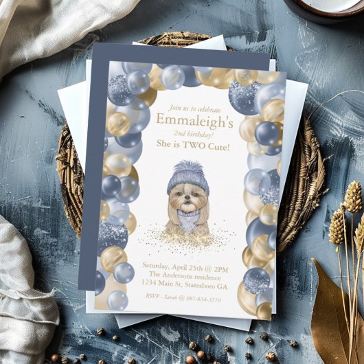 ヨークシャーテリア2キュートネイビーブルー金ゴールドバルーン誕生日 招待状