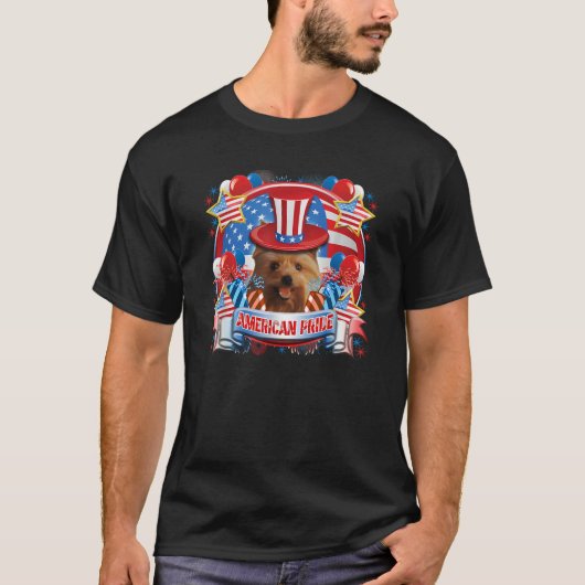 ヨークシャーテリア7月4日犬愛国米国国旗 Tシャツ (正面)
