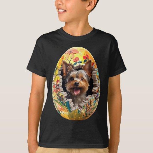 ヨークシャーテリア イースターエッグを破壊 面白い犬のイースター Tシャツ (正面)