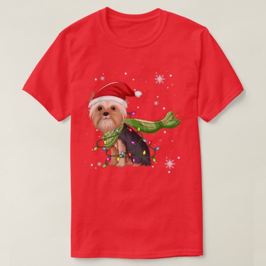 ヨークシャーテリア クリスマスツリー ライト 面白い Xmas Tシャツ (デザイン正面)