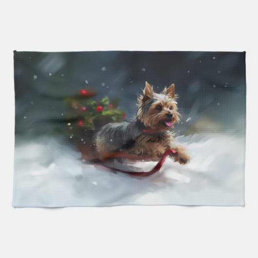 ヨークシャーテリア クリスマス 雪 冬 キッチンタオル (横)
