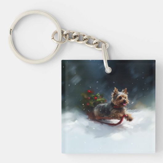 ヨークシャーテリア クリスマス 雪 冬 キーホルダー (正面)