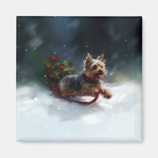 ヨークシャーテリア クリスマス 雪 冬 マグネット (正面)