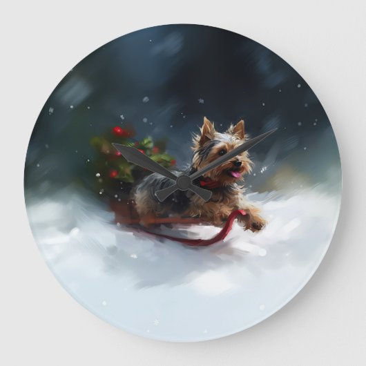 ヨークシャーテリア クリスマス 雪 冬 ラージ壁時計 (正面)