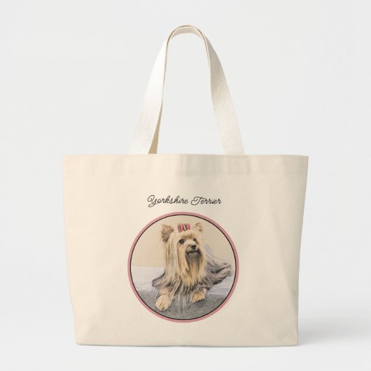 ヨークシャー絵を描テリアの可愛いオリジナルドッグアート ラージトートバッグ (正面)