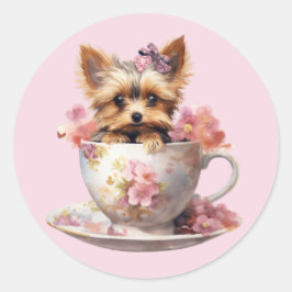 ヨークシャー・テリアお茶のカップに座って花と ラウンドシール