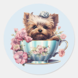 ヨークシャー・テリアお茶のカップに座って花と ラウンドシール