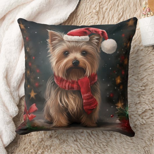 ヨークシャー・テリアの犬と雪のクリスマス クッション (ブランケット)