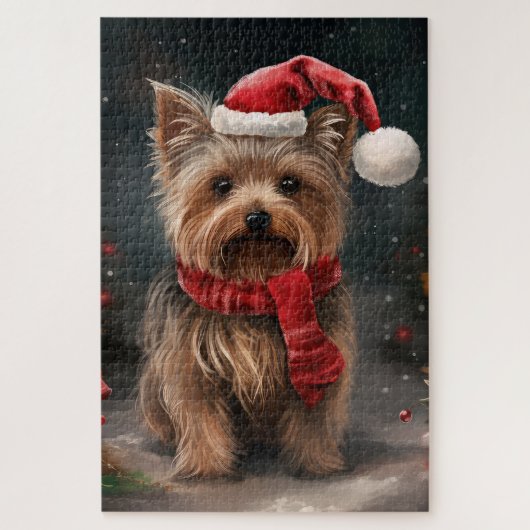 ヨークシャー・テリアの犬と雪のクリスマス ジグソーパズル (縦)
