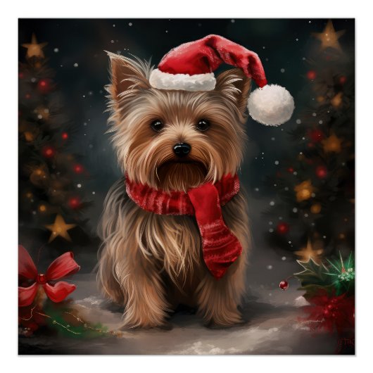 ヨークシャー・テリアの犬と雪のクリスマス ポスター (正面)