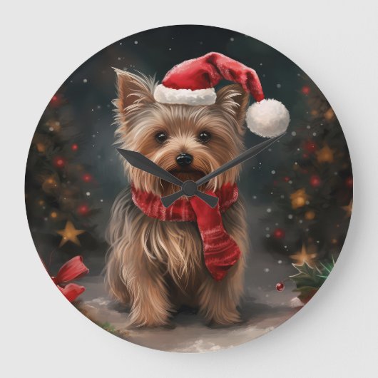 ヨークシャー・テリアの犬と雪のクリスマス ラージ壁時計 (正面)