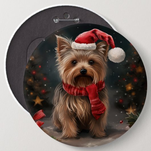 ヨークシャー・テリアの犬と雪のクリスマス 缶バッジ (正面&裏面)
