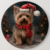 ヨークシャー・テリアの犬と雪のクリスマス 缶バッジ (正面)