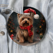 ヨークシャー・テリアの犬と雪のクリスマス 缶バッジ (インサイチュ)