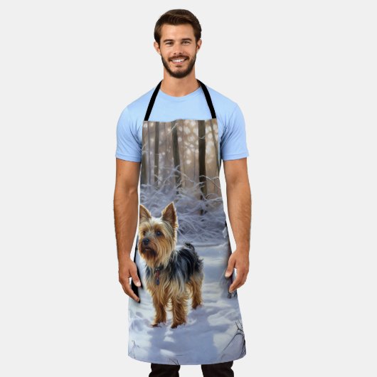 ヨークシャー・テリアは雪のクリスマスを許した エプロン (着用した状態)
