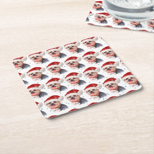 ヨークシャー・テリア犬がクリスマス・スターを育てる スクエアペーパーコースター (アングル)