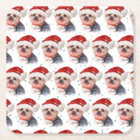 ヨークシャー・テリア犬がクリスマス・スターを育てる スクエアペーパーコースター (正面)